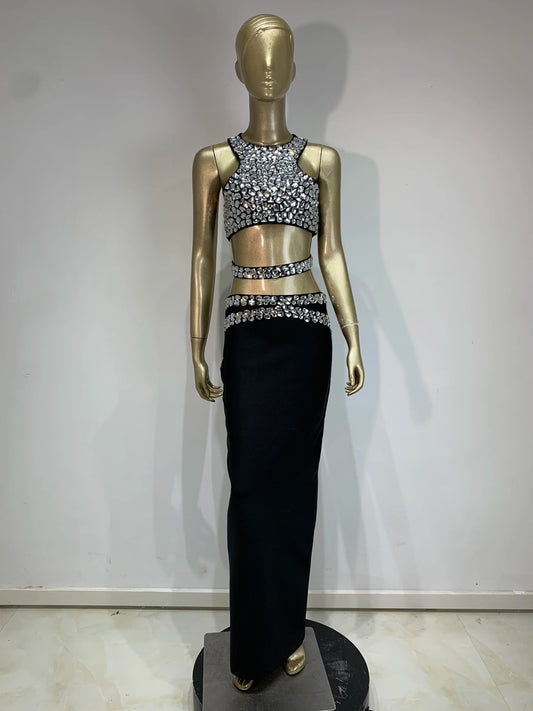 Set Elegante Nero – Top con Perline & Gonna Fasciante