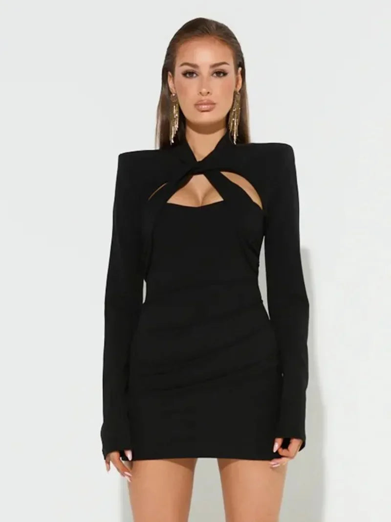 Short Black Dress With Knot And Long Sleeves